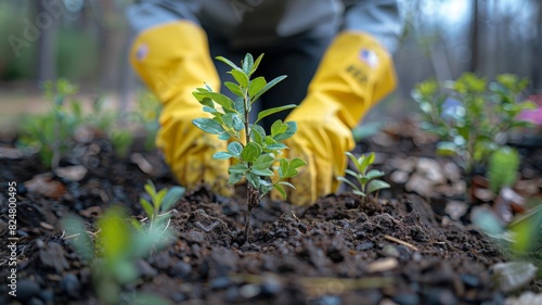 Person Planting Plant With Yellow Gloves