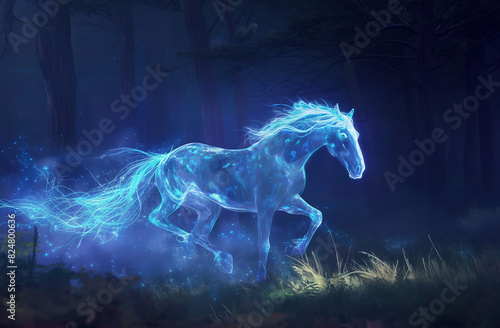 A glowing transparent horse with blue and white light running in the dark forest  in a translucent holographic style