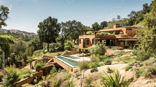  modern house made of wood and glass with a green lawn and a garden