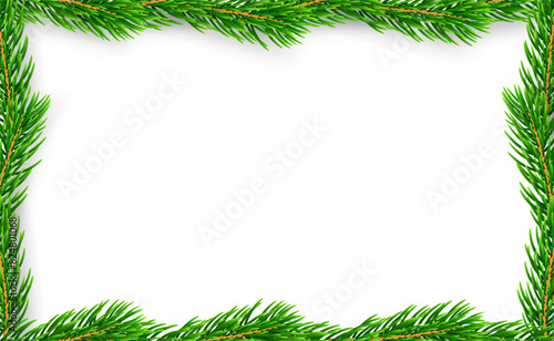 Christmas branch frame 3D. Green garland border isolated on white background. Template texture for holiday banner, decoration, invitation, New Year card. Elegant realistic design. Vector illustration