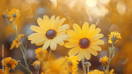 macro photo of two yellow daisies in a field of yellow flowers