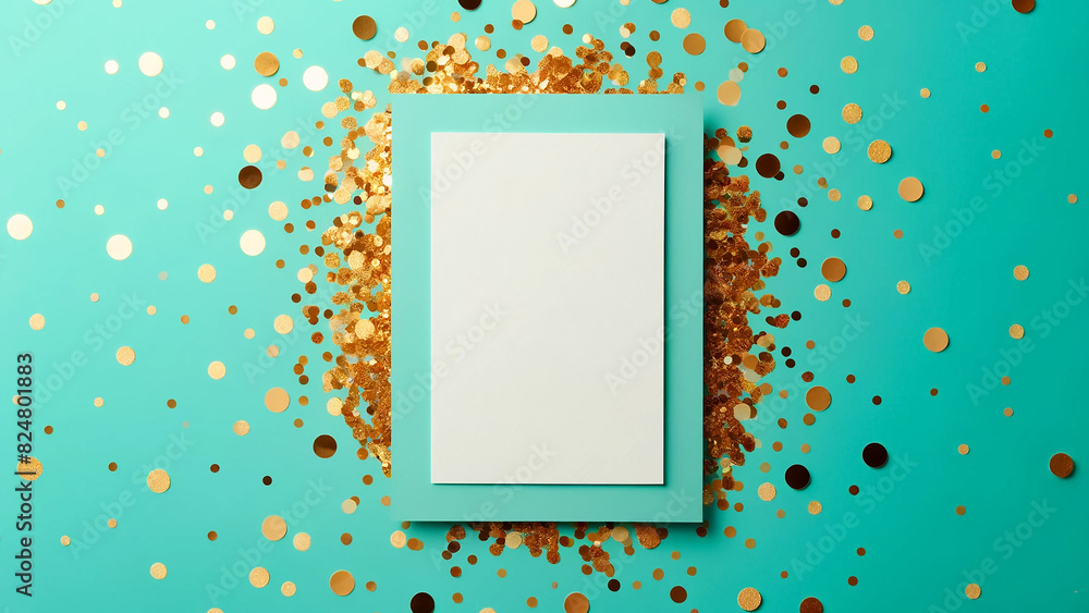 blank piece of paper with space for text, placed on a vibrant turquoise background scattered blank piece of paper with space for text, placed on a vibrant turquoise background scattered