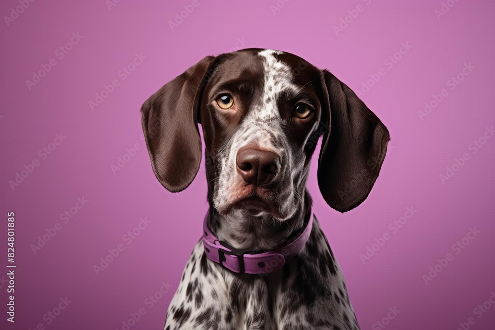 Portrait of a cute spotted dog with a pink collar against a purple background, showcasing its expressive eyes and attentive posture.