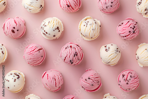 A pattern of balls of white and pink soft ice cream. The pattern is in the style of summer minimalism  smooth and bright.