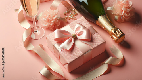 festive composition featuring champagne, a gift with a bow, on a pink background.