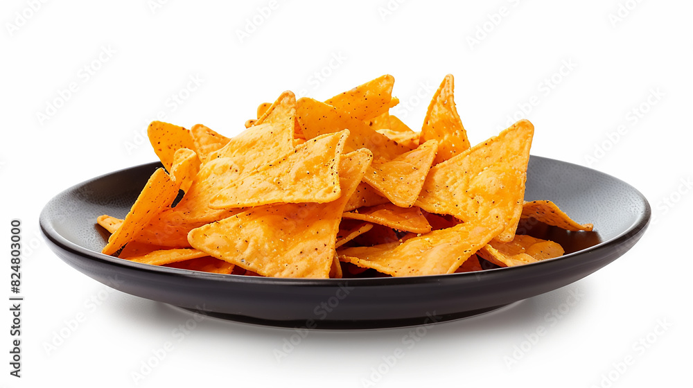 corn nachos on black plate isolated on white background doritos concept corn nachos on black plate isolated on white background doritos concept