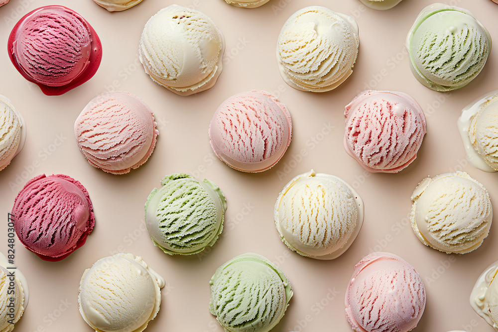 Obraz premium A pattern of colored balls of soft ice cream of different flavors. The pattern is in the style of summer minimalism, smooth and bright.