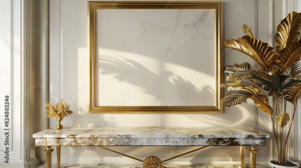 Luxe foyer with a gold leaf frame mockup under a polished marble table, opulent ivory wall.