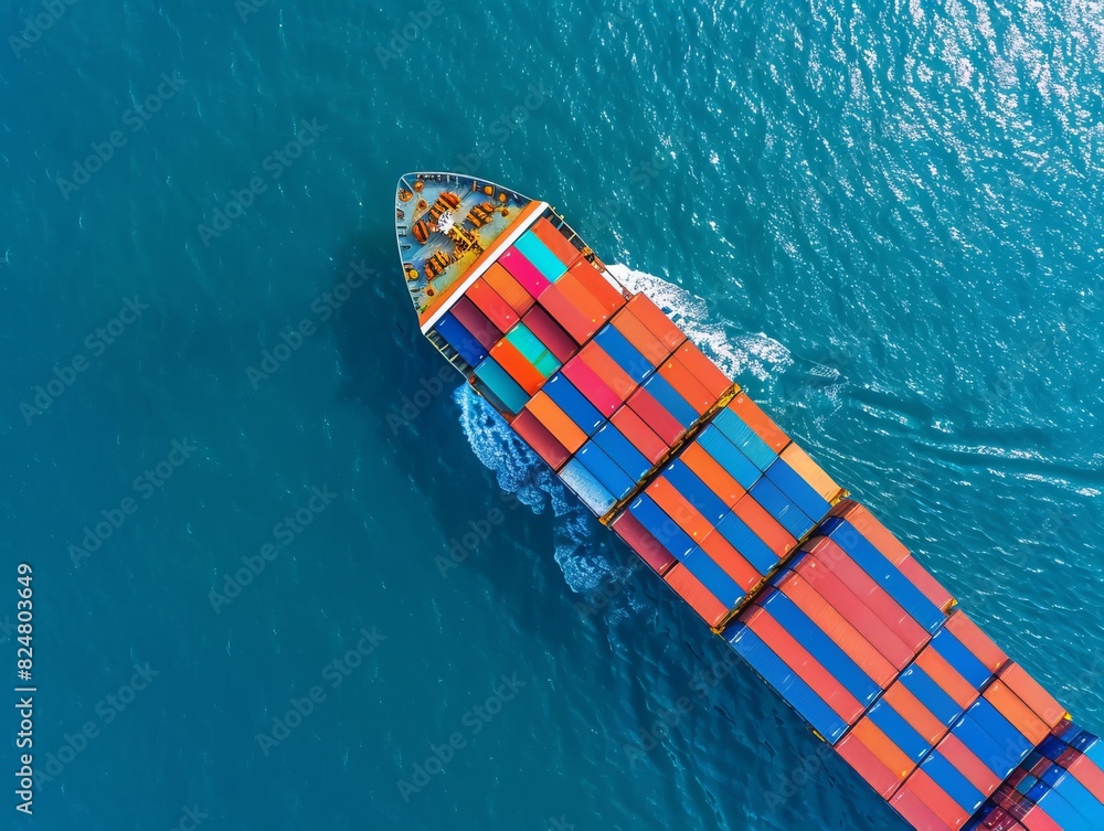 Blue Horizon: Aerial View of Full Container Ship on the High Seas