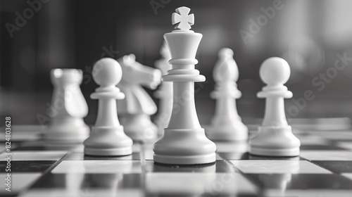 A chessboard with white pieces set up and ready to play.