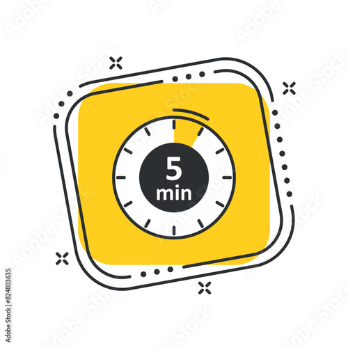 Cartoon сlock icon vector illustration. Timer sign 5 min on isolated yellow square background. Countdown sign concept.