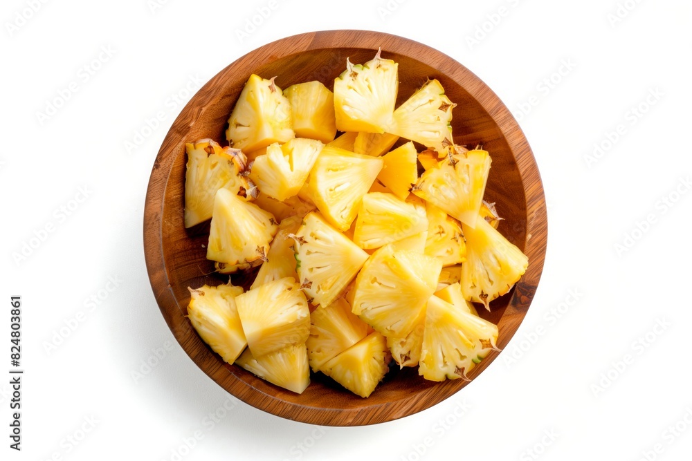 Pineapple slices on a wooden bowl. Top view. Healthy food