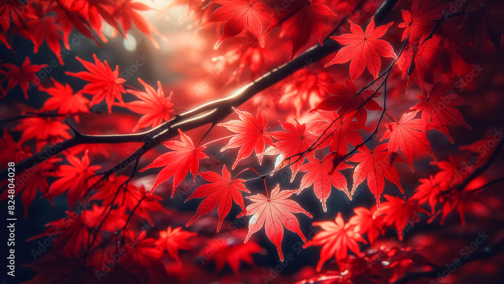 red maple leaves on the branches during autumn. The image should focus on the vibrant red leaves red maple leaves on the branches during autumn. The image should focus on the vibrant red leaves