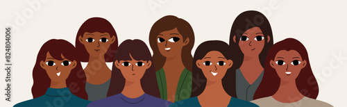 Banner with black women. Different girlish face. Woman's day concept. Flat vector cartoon design.