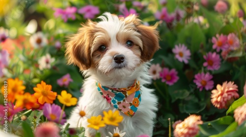 A cute puppy wearing a small, colorful bandana, sitting proudly in a garden surrounded by blooming flowers.