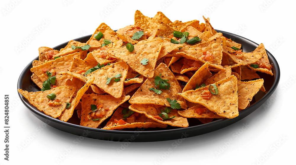 corn nachos on black plate isolated on white background doritos concept corn nachos on black plate isolated on white background doritos concept