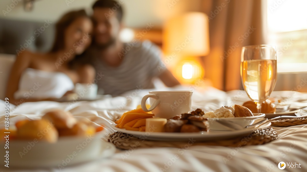 Close-up of a couple enjoying room service breakfast in bed , Asia Person, Leading lines, centered in frame, natural light,photography