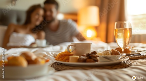 Close-up of a couple enjoying room service breakfast in bed , Asia Person, Leading lines, centered in frame, natural light,photography