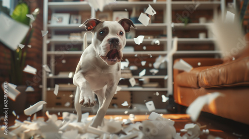 Energetic Dog Running Through Shredded Paper photo