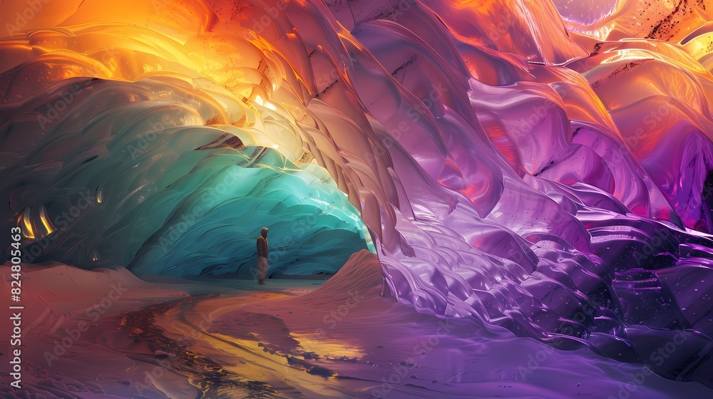 Naklejka premium Colorful ice cave waves fantasy characters landscape poster background