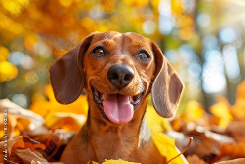 Energetic dachshund puppy playfully digging in vibrant autumn leaves with tongue out