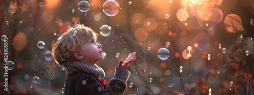 a child catches soap bubbles on the background of nature. Selective focus photo