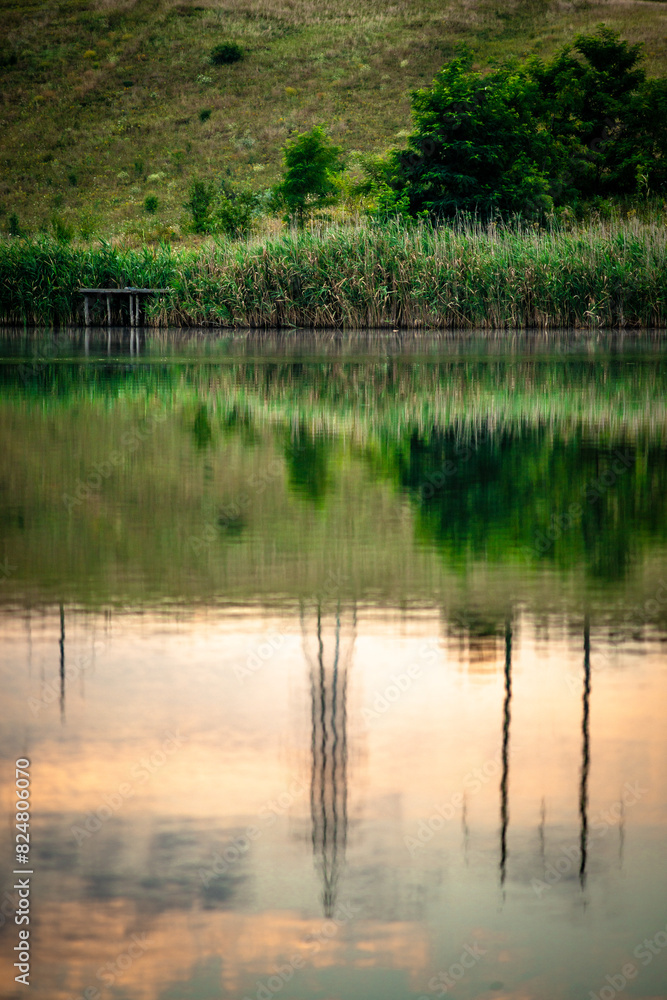 Summer river at morning . Forest on anothe beach. Fog on the water . Green forest . Reflections on the water . Sky over the lake . Trees on beach Summer river at morning . Forest on anothe beach. Fog on the water . Green forest . Reflections on the water . Sky over the lake . Trees on beach