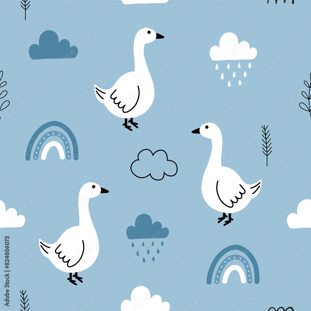 Seamless pattern with cute goose , rain, rainbow, cloud and plants for your fabric, children textile, apparel, nursery decoration, gift wrap paper. Vector illustration Seamless pattern with cute goose , rain, rainbow, cloud and plants for your fabric, children textile, apparel, nursery decoration, gift wrap paper. Vector illustration