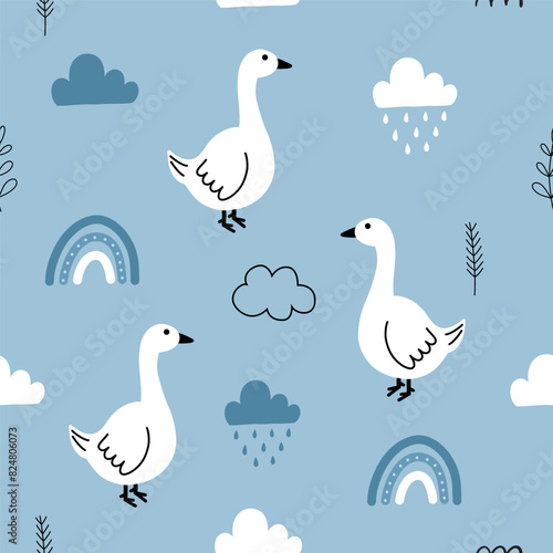 Seamless pattern with cute goose   rain  rainbow  cloud and plants for your fabric  children textile  apparel  nursery decoration  gift wrap paper. Vector illustration
