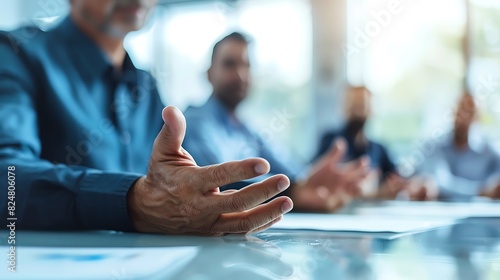 Close-up of hands gesturing during a team meeting, leader in focus , Asia Person, Leading lines, centered in frame, natural light,photography photo