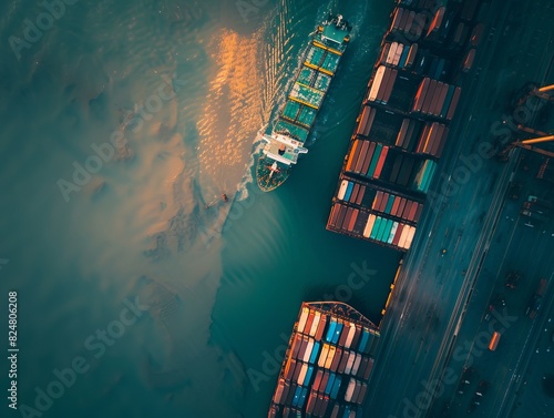 Global Trade in Action: Aerial View of Container Ship Loading and Unloading in Deep Seaport