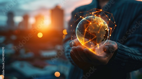 a man holds a globe in his hands. Selective focus