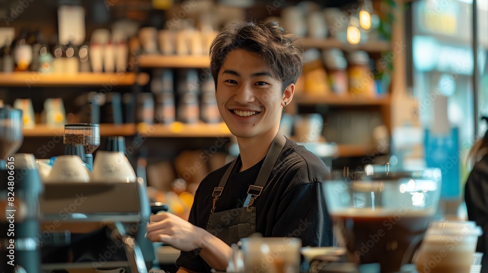 LGBTQ barista handing a coffee to a customer over the counter , Asia Person, Leading lines, centered in frame, natural light,photography