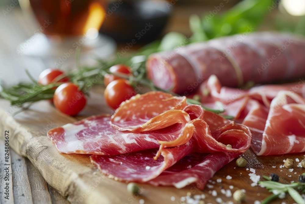 Close-up of a wooden board with prosciutto, salami, cherry tomatoes, and fresh herbs Close-up of a wooden board with prosciutto, salami, cherry tomatoes, and fresh herbs