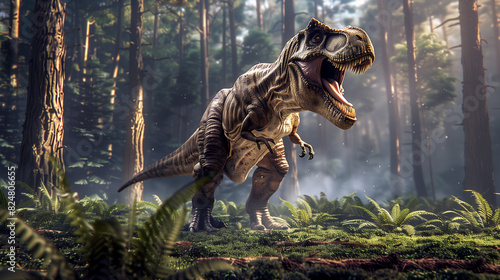 Majestic Tyrannosaurus Rex Roaring in Prehistoric Forest - Dynamic and Powerful Depiction of a T-Rex Amidst Ancient Trees