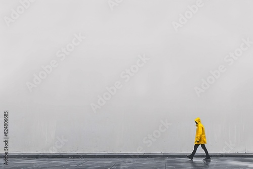 a person in a yellow raincoat walking on a sidewalk photo