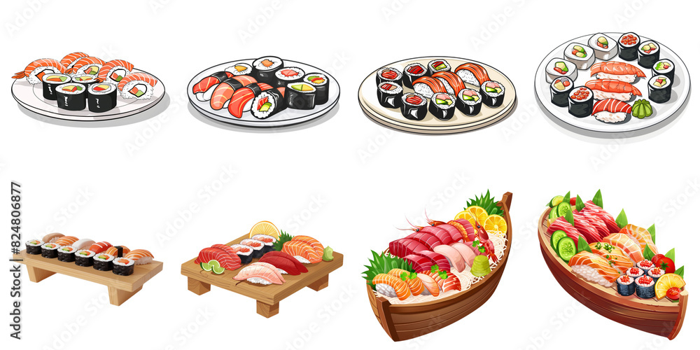 Set of Sashimi and sushi png mockup in 3d without backoground for decoration. Set of Sashimi and sushi png mockup in 3d without backoground for decoration.