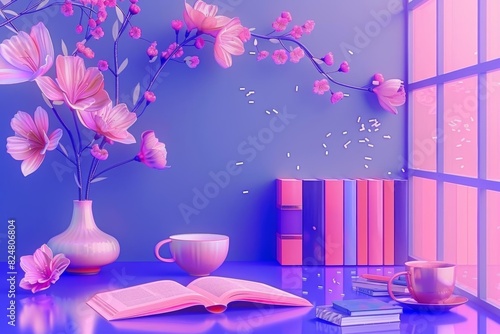 A cozy 3D render of books with warmtoned stationery, arranged in a simple, flat style against a soft cream background, perfect for a home library or cozy study nook photo