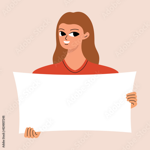 Young woman holding blank placard, poster, mockup. Pretty girl swowing empty presentation. Isolated illustration.