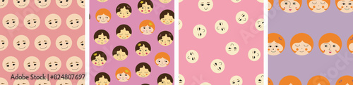 Collection of four repeating patterns, attractive girlish faces. Universal continuous prints, female portrait, seamless design for stationery, branding.