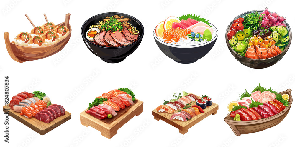 Japanese food transparent collection set in png no background for decoration. Japanese food transparent collection set in png no background for decoration.