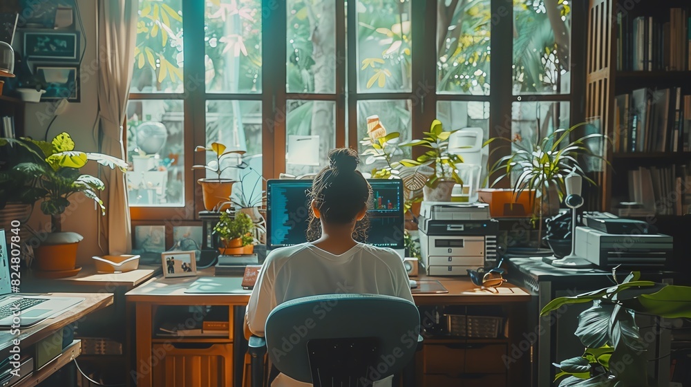Person working from home at a well-organized desk with natural light , Asia Person, Leading lines, centered in frame, natural light,photography Person working from home at a well-organized desk with natural light , Asia Person, Leading lines, centered in frame, natural light,photography