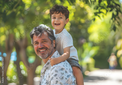 Portrait of a father carrying his son on his back, giving him a piggyback. Generative AI 