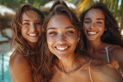 Three women wearing sunglasses playing selfies