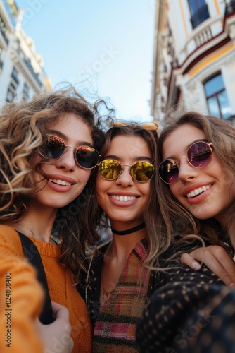 Three women wearing sunglasses playing selfies © fanjianhua