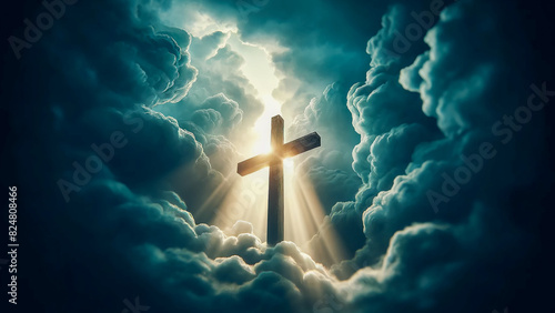 dramatic scene featuring an Easter cross under stormy skies with breaking clouds.