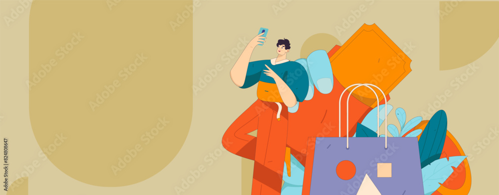 Naklejka premium Holiday shopping people doing e-commerce online shopping flat vector concept operation hand drawn illustration