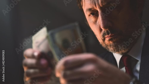 Businessman counting american dollars at office desk photo