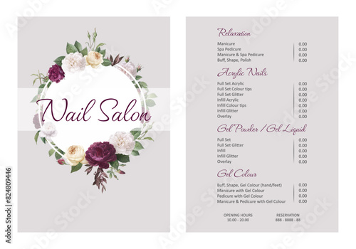Vector Illustration sticker business card for nail salon decorated with botanical art texture with pricelist and special offer. A4 printable template	