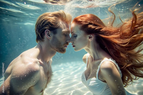 Beautiful lovers. A man and a woman under water at a depth of. A romantic relationship. An unusual date.